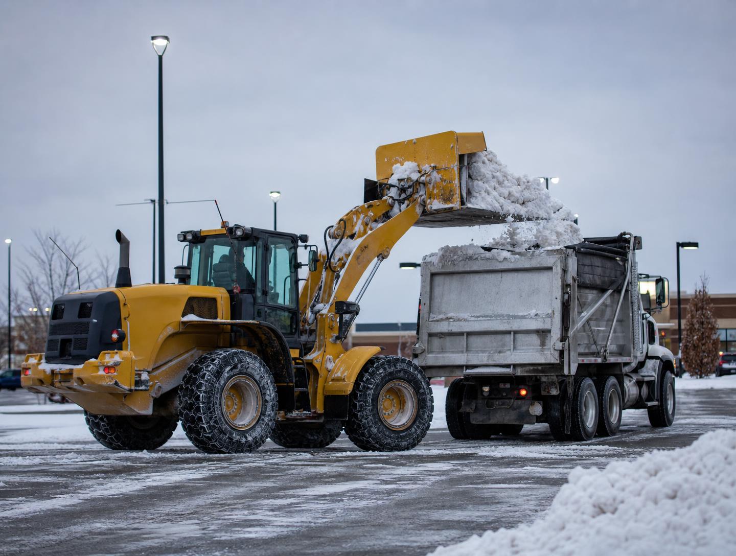 Loader loading snow into a dump truck on a commercial parking lot