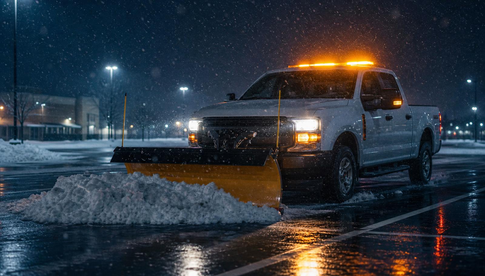 Plow pickup truck with LED beacon pushing snow in a lot at night