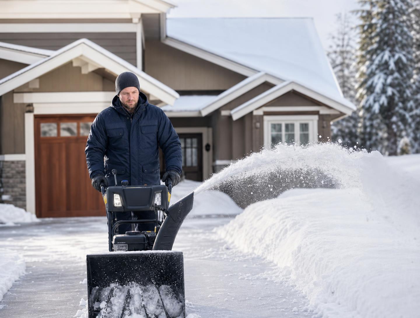 Crew member snow-blowing a residential driveway in the early morning