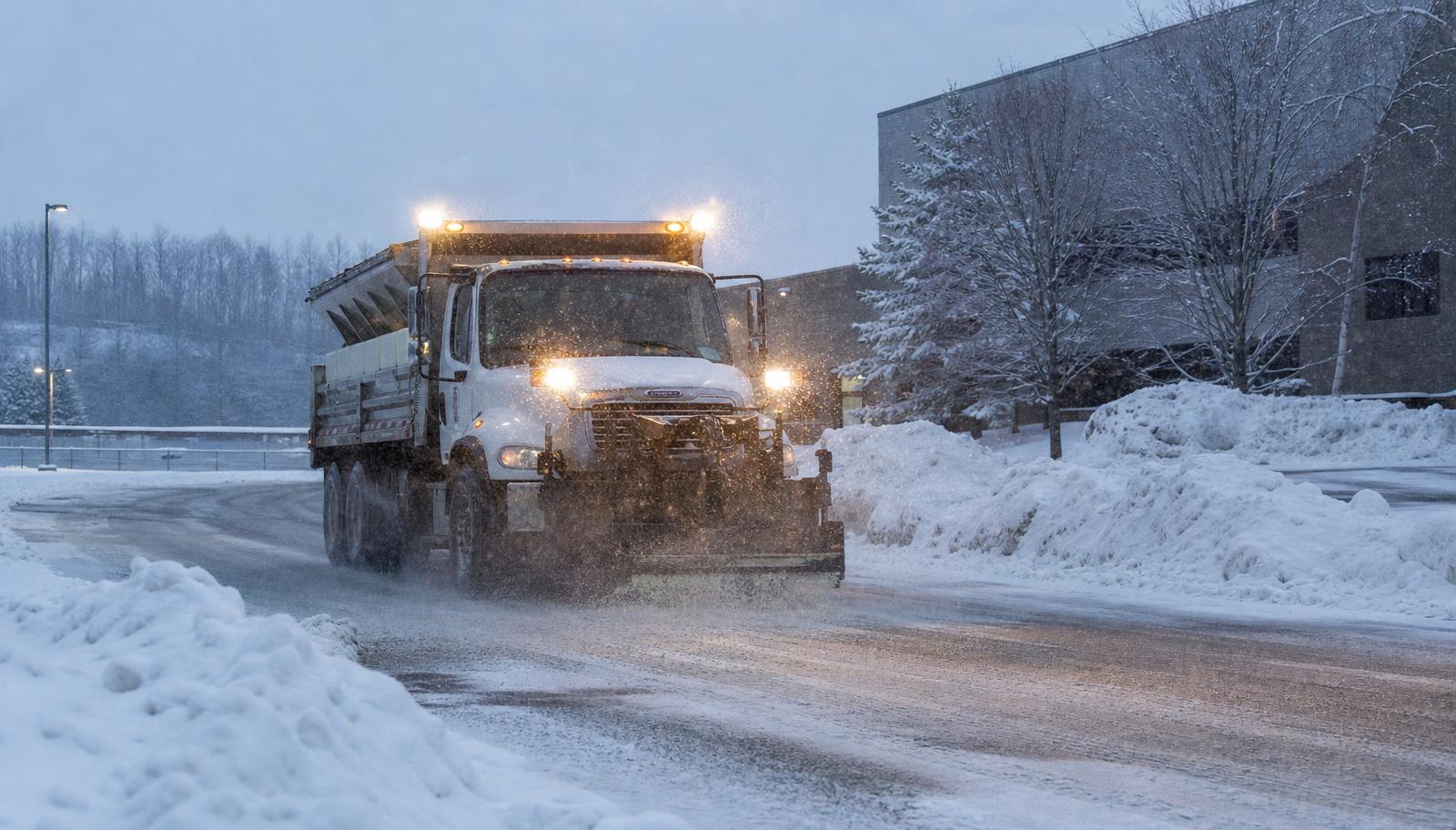 Salt spreader truck treating a lot entrance during a snowstorm